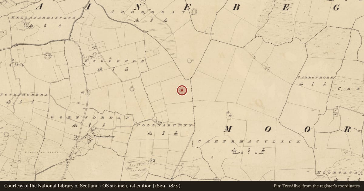 Ordnance Survey six-inch map, 1st edition (1829–1842) covering the location of Earthwork, Pollnabunny, County Mayo, with a pin at the register's coordinates
