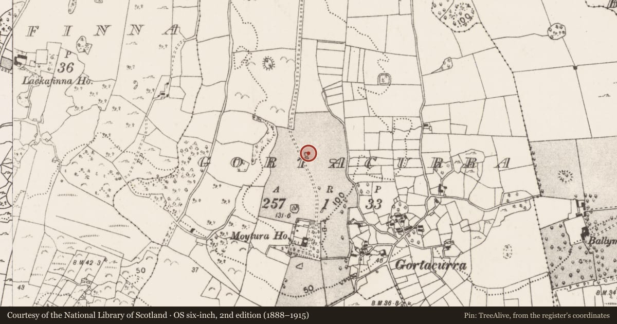 Ordnance Survey six-inch map, 2nd edition (1888–1915) covering the location of Children's burial ground, Gortacurra, County Mayo, with a pin at the register's coordinates