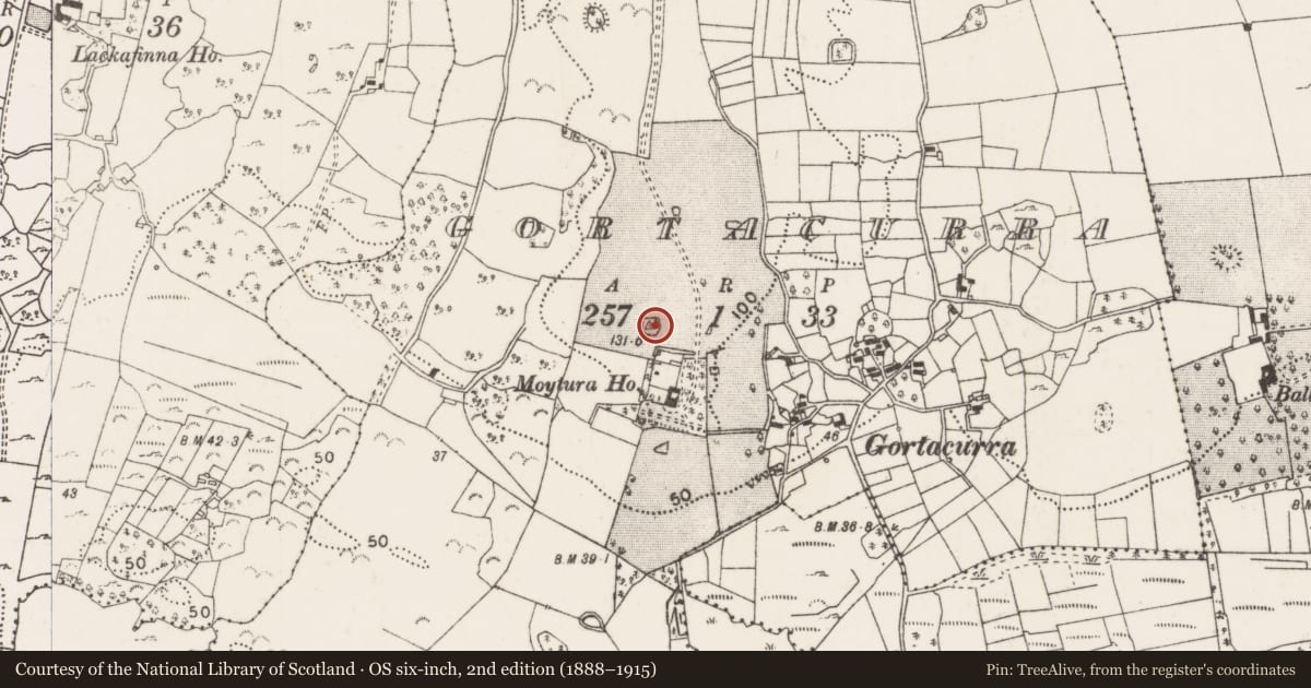 Ordnance Survey six-inch map, 2nd edition (1888–1915) covering the location of Enclosure, Gortacurra, County Mayo, with a pin at the register's coordinates