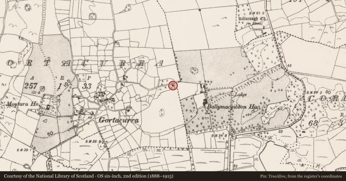 Ordnance Survey six-inch map, 2nd edition (1888–1915) covering the location of Enclosure, Gortacurra, County Mayo, with a pin at the register's coordinates