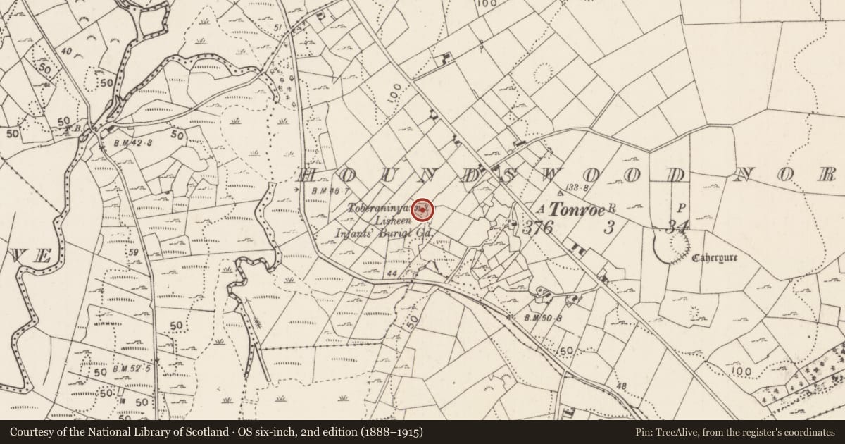 Ordnance Survey six-inch map, 2nd edition (1888–1915) covering the location of Children's burial ground, Houndswood North, County Mayo, with a pin at the register's coordinates