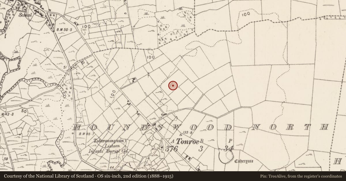 Ordnance Survey six-inch map, 2nd edition (1888–1915) covering the location of Enclosure, Houndswood North, County Mayo, with a pin at the register's coordinates