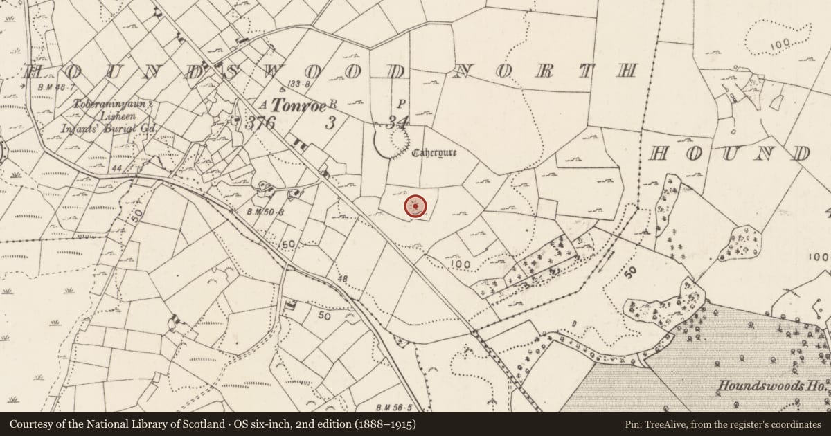 Ordnance Survey six-inch map, 2nd edition (1888–1915) covering the location of Children's burial ground, Houndswood North, County Mayo, with a pin at the register's coordinates