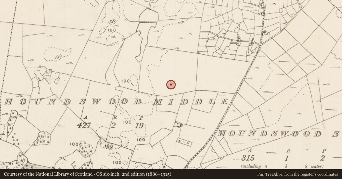 Ordnance Survey six-inch map, 2nd edition (1888–1915) covering the location of Hut site, Houndswood Middle, County Mayo, with a pin at the register's coordinates
