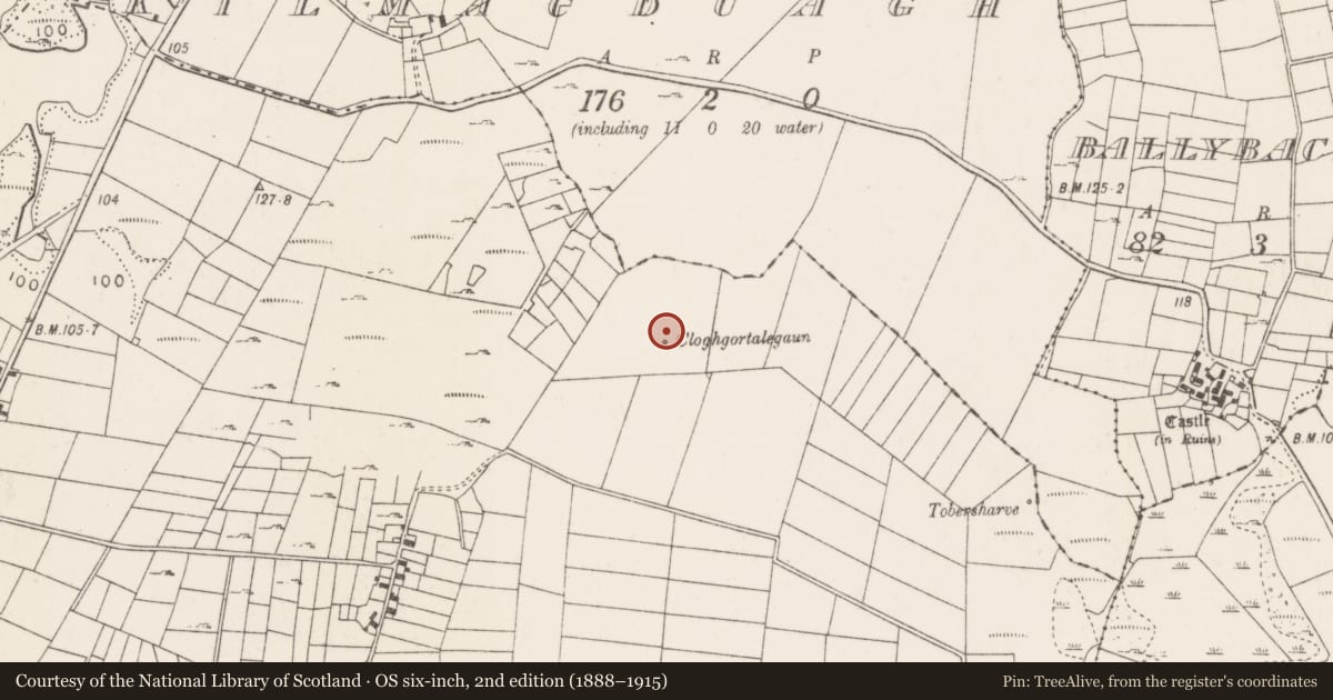 Ordnance Survey six-inch map, 2nd edition (1888–1915) covering the location of Standing stone, Mocorha, County Mayo, with a pin at the register's coordinates