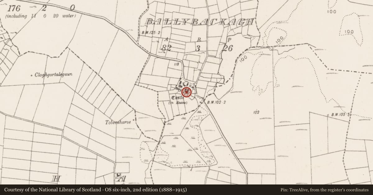 Ordnance Survey six-inch map, 2nd edition (1888–1915) covering the location of Castle - tower house, Ballybackagh, County Mayo, with a pin at the register's coordinates