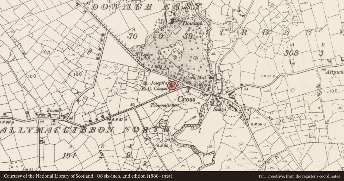 Ordnance Survey six-inch map, 2nd edition (1888–1915) covering the location of Sheela-na-gig, Dowagh West, County Mayo, with a pin at the register's coordinates