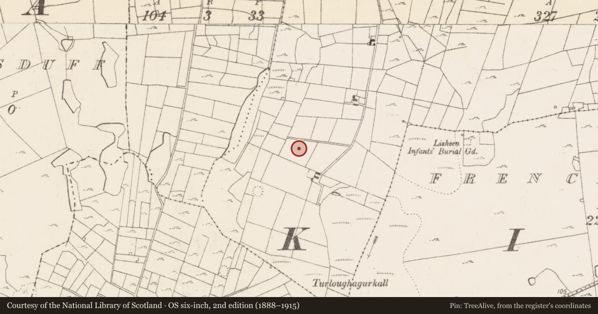Ordnance Survey six-inch map, 2nd edition (1888–1915) covering the location of Fulacht fia, Ballymartin, County Mayo, with a pin at the register's coordinates
