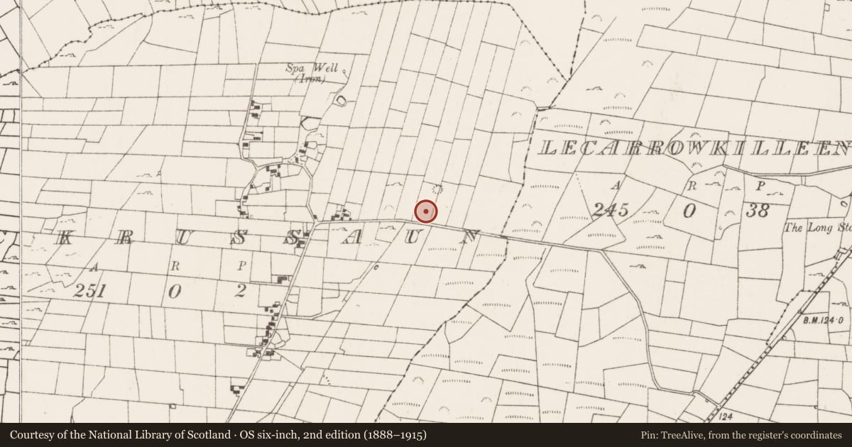 Ordnance Survey six-inch map, 2nd edition (1888–1915) covering the location of Barrow - ring-barrow, Muckrussaun, County Mayo, with a pin at the register's coordinates