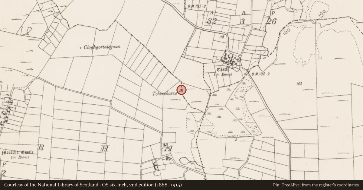 Ordnance Survey six-inch map, 2nd edition (1888–1915) covering the location of Ritual site - holy well, Mocorha, County Mayo, with a pin at the register's coordinates