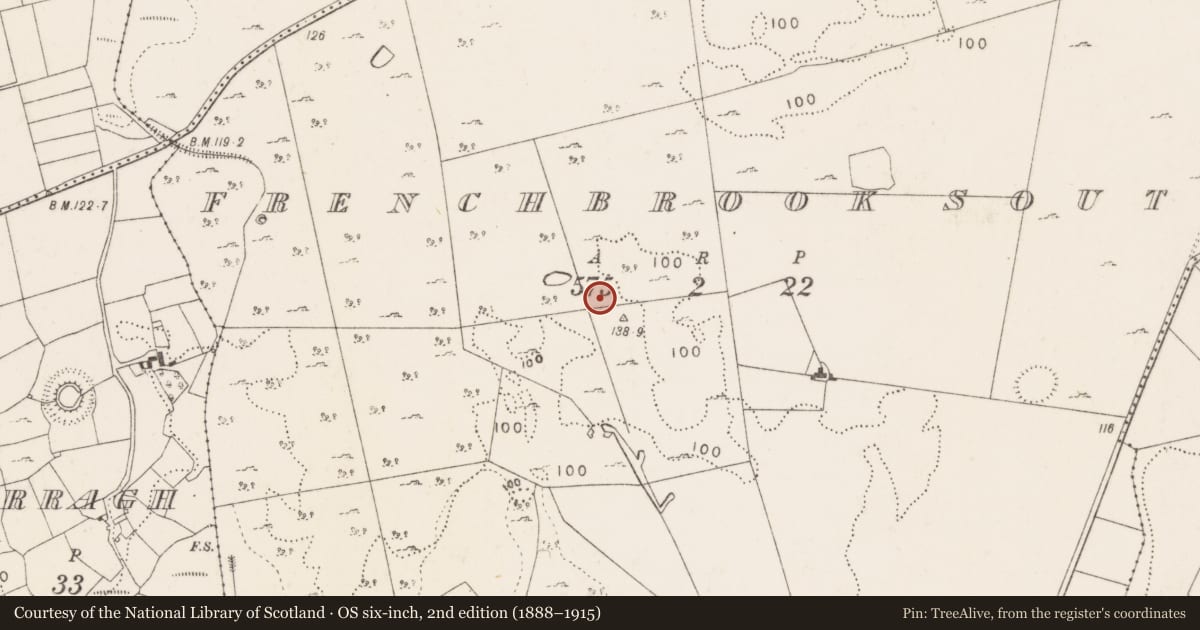 Ordnance Survey six-inch map, 2nd edition (1888–1915) covering the location of Barrow - ring-barrow, Frenchbrook South, County Mayo, with a pin at the register's coordinates