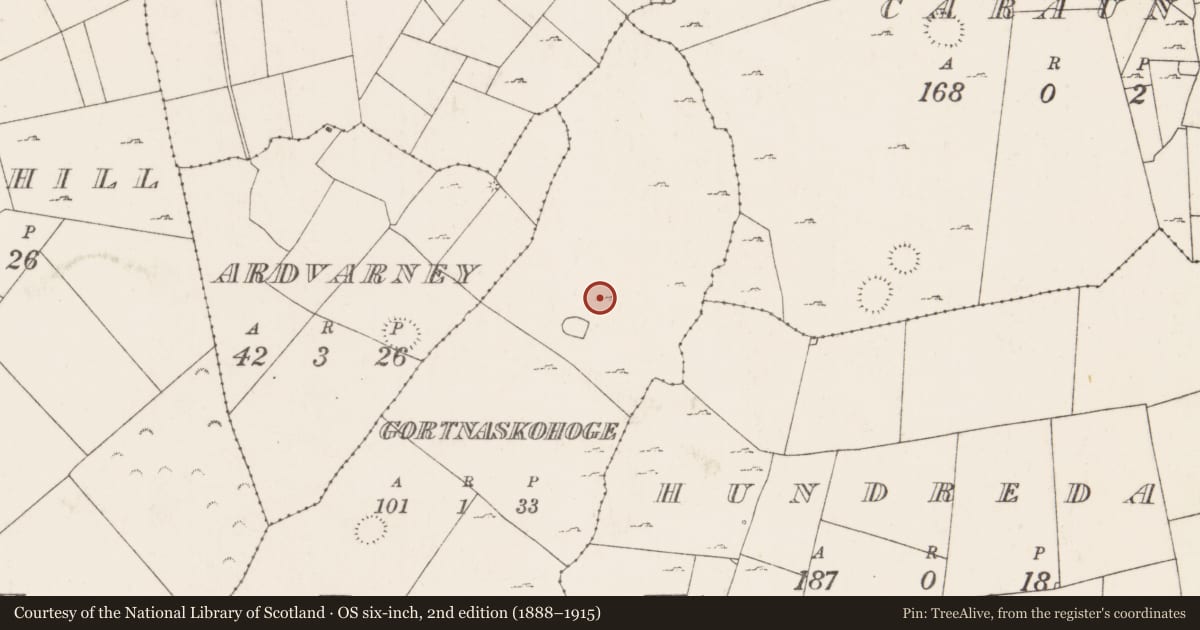 Ordnance Survey six-inch map, 2nd edition (1888–1915) covering the location of Hut site, Gortnaskohoge, County Mayo, with a pin at the register's coordinates