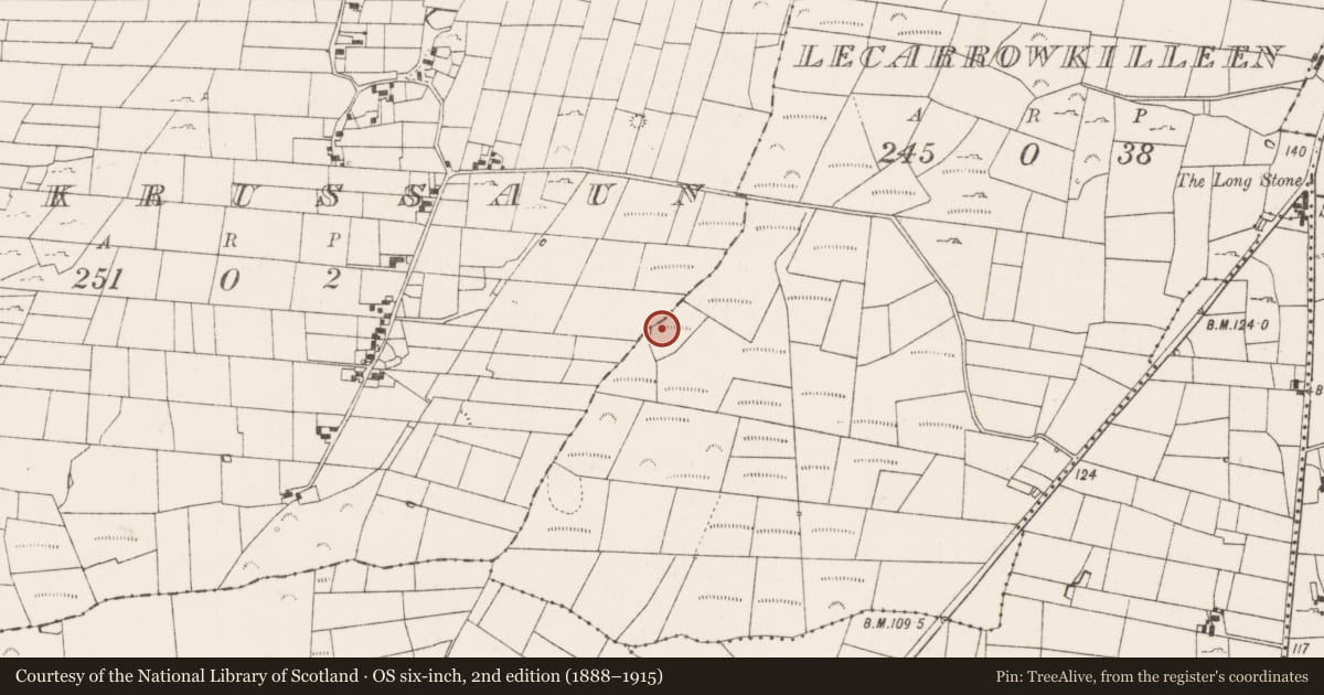 Ordnance Survey six-inch map, 2nd edition (1888–1915) covering the location of Fulacht fia, Lecarrowkilleen, County Mayo, with a pin at the register's coordinates