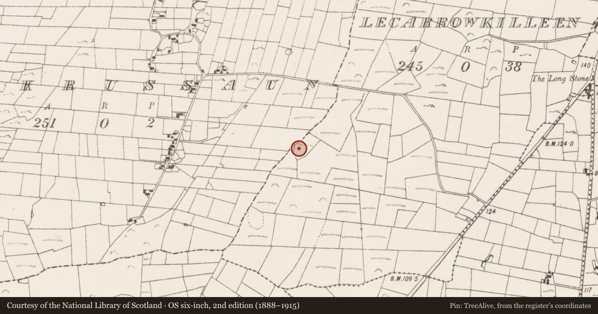 Ordnance Survey six-inch map, 2nd edition (1888–1915) covering the location of Fulacht fia, Lecarrowkilleen, County Mayo, with a pin at the register's coordinates