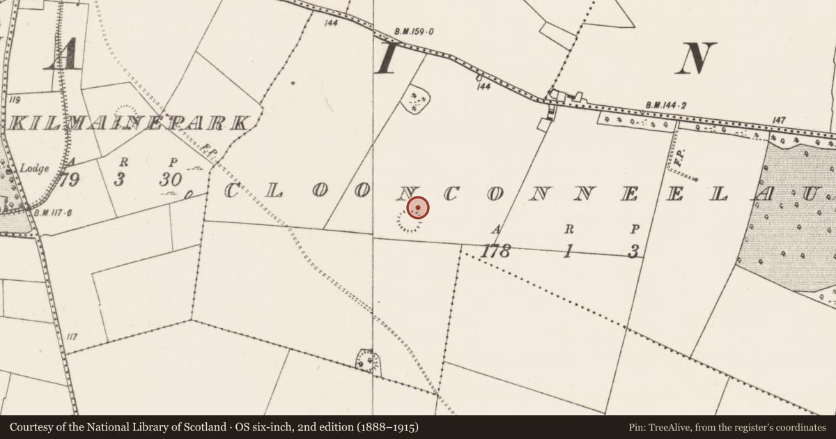 Ordnance Survey six-inch map, 2nd edition (1888–1915) covering the location of Enclosure, Cloonconneelaun, County Mayo, with a pin at the register's coordinates