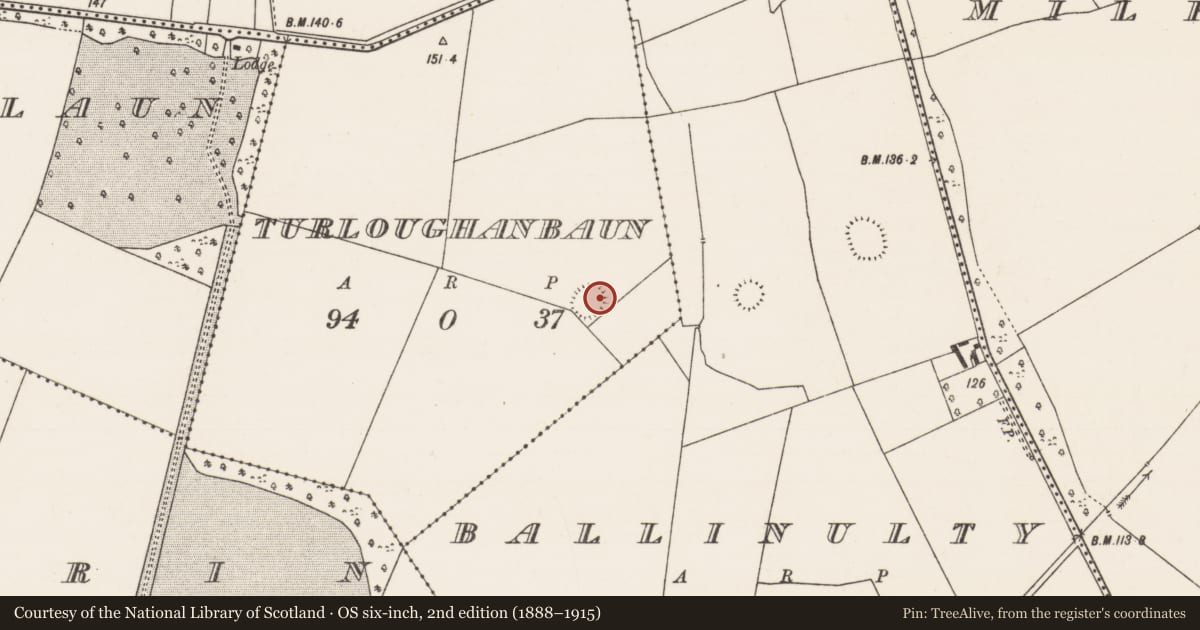 Ordnance Survey six-inch map, 2nd edition (1888–1915) covering the location of Children's burial ground, Turloughanbaun, County Mayo, with a pin at the register's coordinates