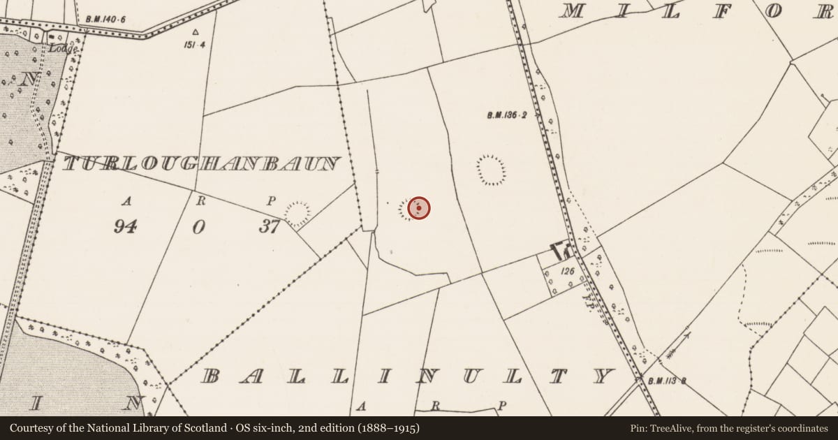 Ordnance Survey six-inch map, 2nd edition (1888–1915) covering the location of Ringfort - unclassified, Ballinulty, County Mayo, with a pin at the register's coordinates