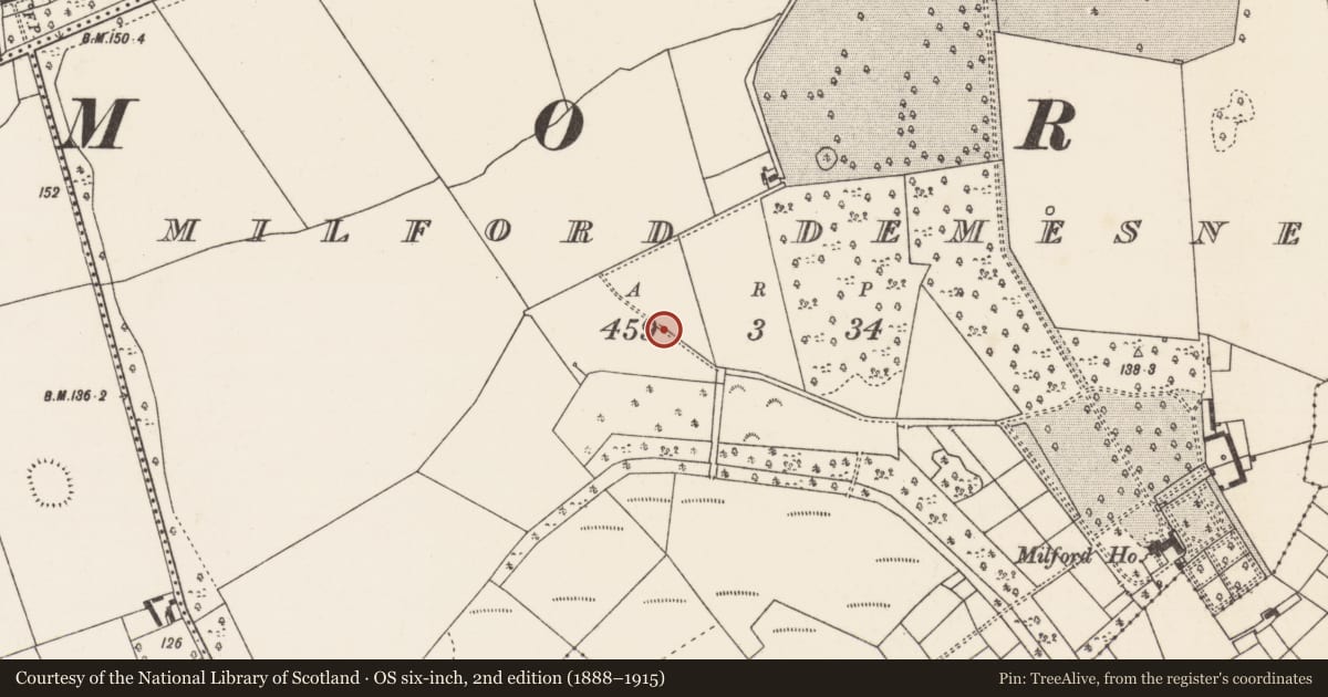 Ordnance Survey six-inch map, 2nd edition (1888–1915) covering the location of Enclosure, Milford Demesne, County Mayo, with a pin at the register's coordinates