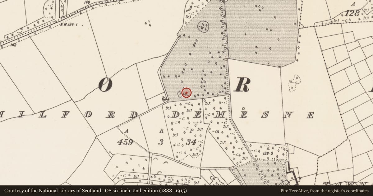 Ordnance Survey six-inch map, 2nd edition (1888–1915) covering the location of Enclosure, Milford Demesne, County Mayo, with a pin at the register's coordinates