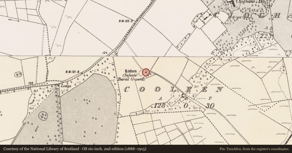 Ordnance Survey six-inch map, 2nd edition (1888–1915) covering the location of Enclosure, Cooleen, County Mayo, with a pin at the register's coordinates