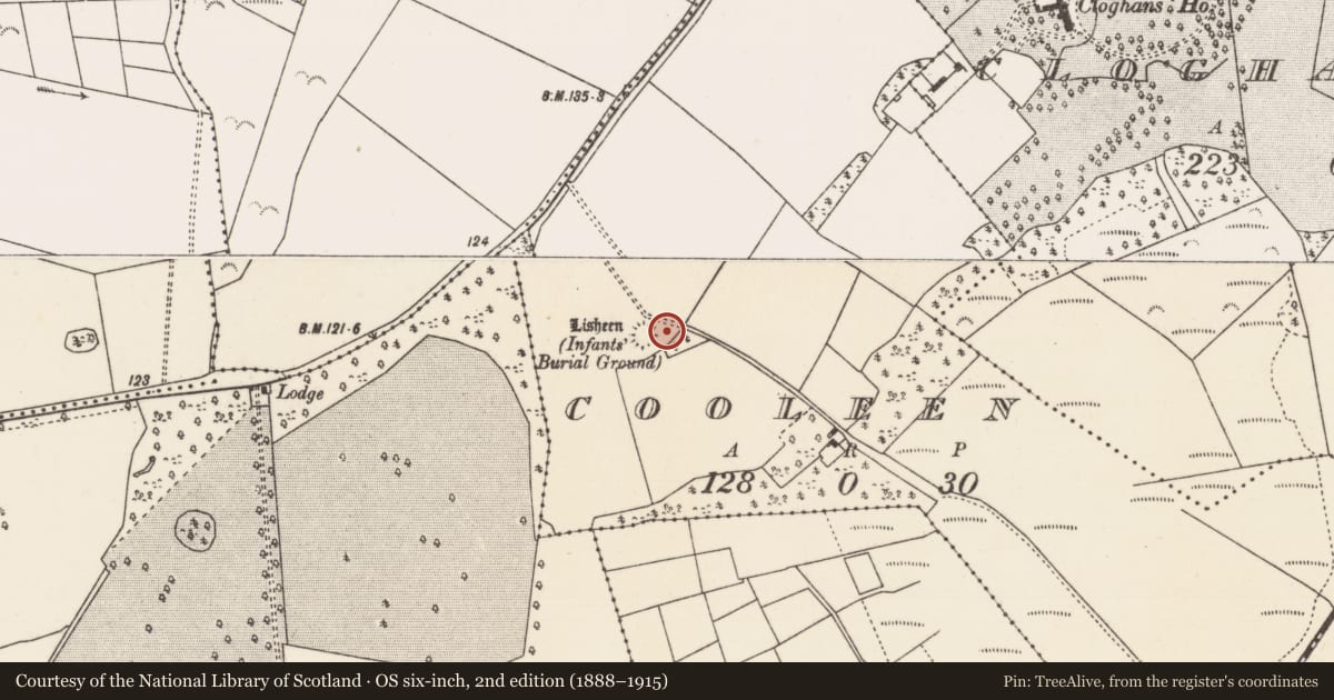 Ordnance Survey six-inch map, 2nd edition (1888–1915) covering the location of Children's burial ground, Cooleen, County Mayo, with a pin at the register's coordinates