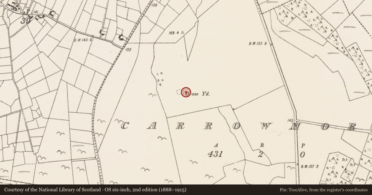 Ordnance Survey six-inch map, 2nd edition (1888–1915) covering the location of Children's burial ground, Carrowmore, County Mayo, with a pin at the register's coordinates