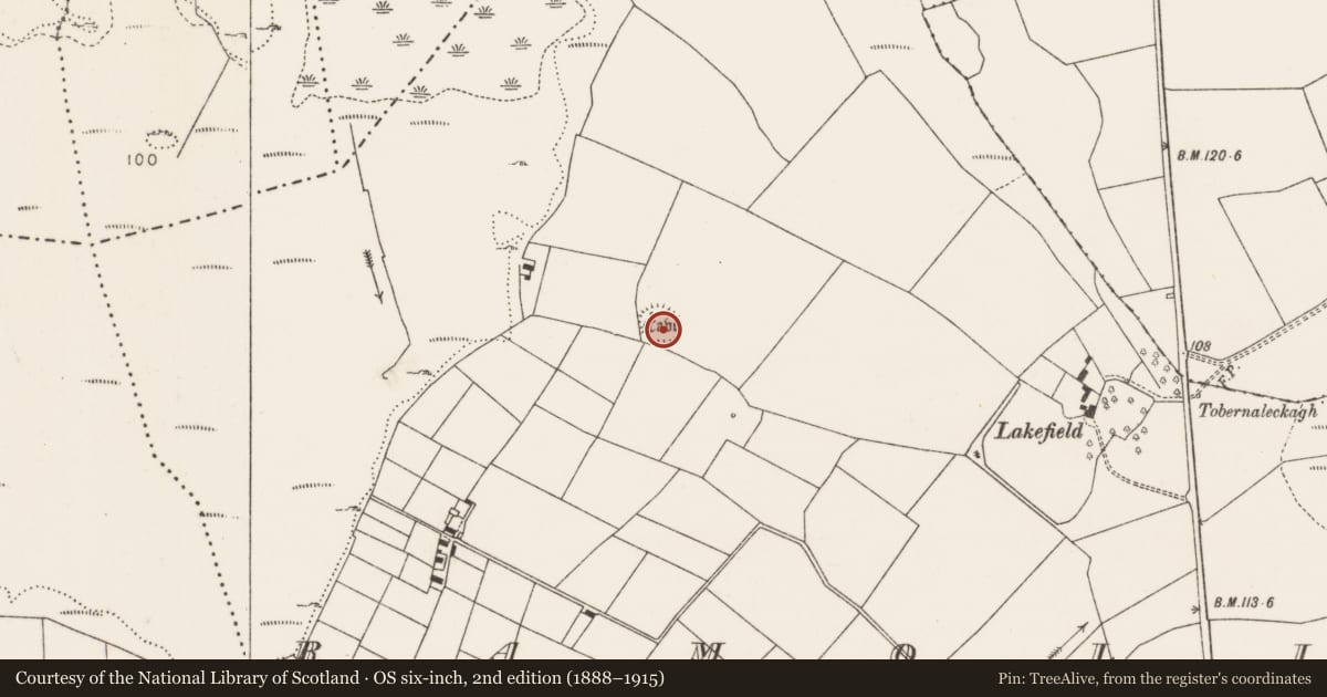 Ordnance Survey six-inch map, 2nd edition (1888–1915) covering the location of Enclosure, Ramolin, County Mayo, with a pin at the register's coordinates