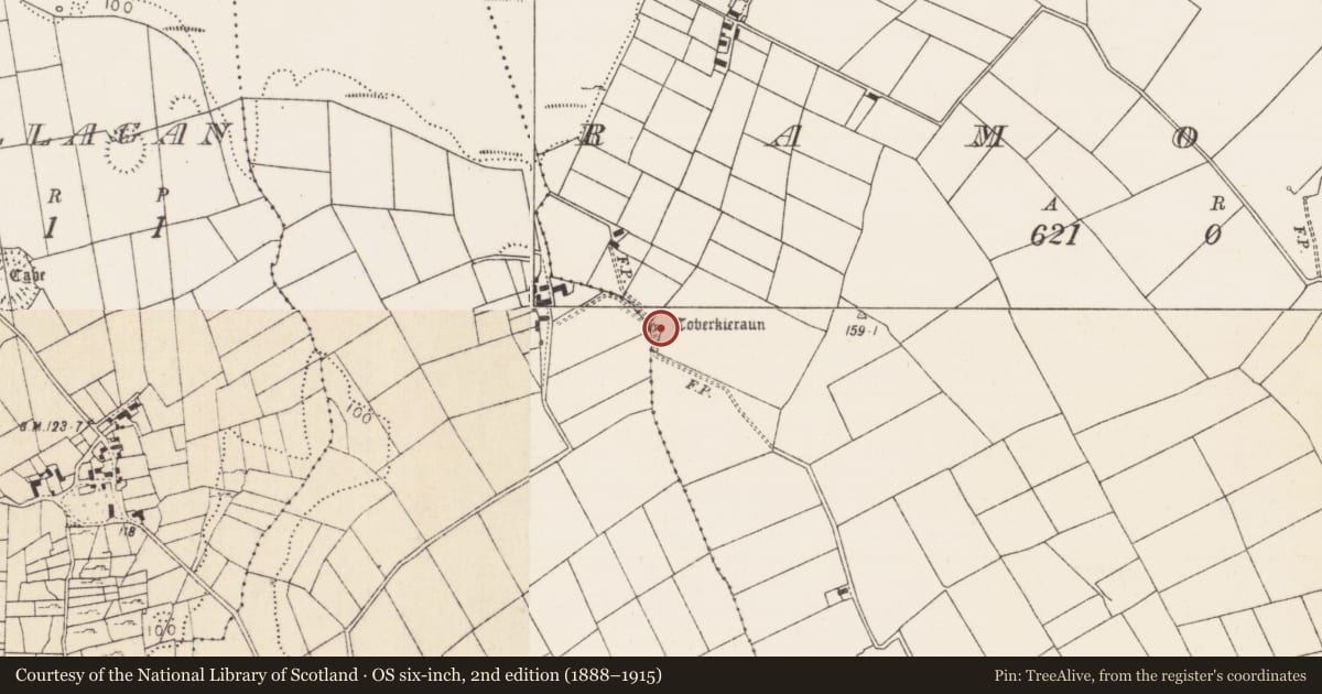 Ordnance Survey six-inch map, 2nd edition (1888–1915) covering the location of Ritual site - holy well, Ramolin, County Mayo, with a pin at the register's coordinates
