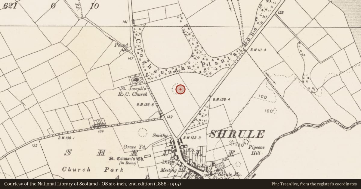 Ordnance Survey six-inch map, 2nd edition (1888–1915) covering the location of Enclosure, Shrule, County Mayo, with a pin at the register's coordinates