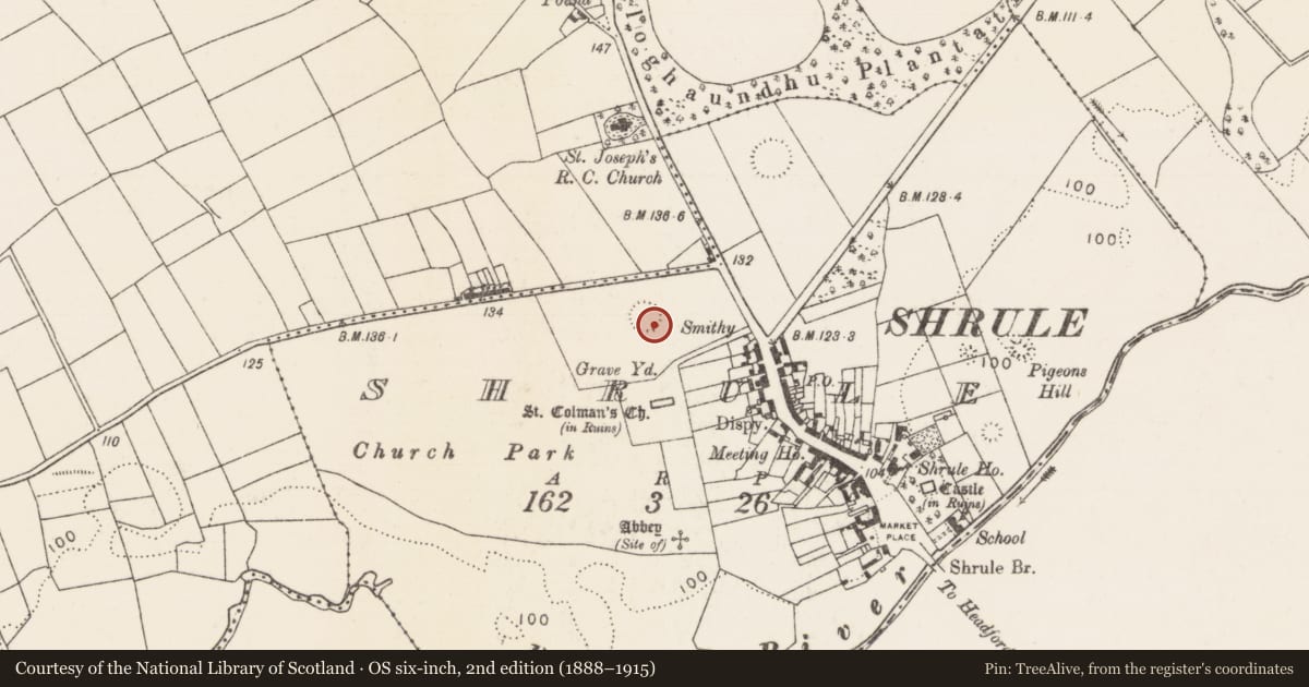 Ordnance Survey six-inch map, 2nd edition (1888–1915) covering the location of Enclosure, Shrule, County Mayo, with a pin at the register's coordinates