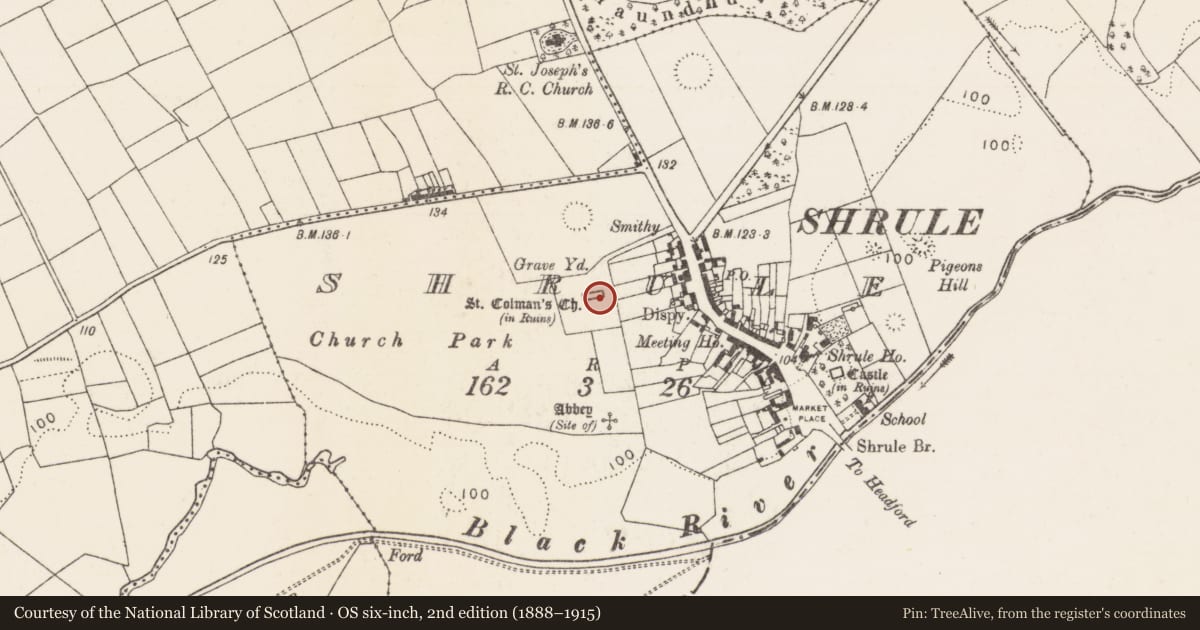 Ordnance Survey six-inch map, 2nd edition (1888–1915) covering the location of Church, Shrule, County Mayo, with a pin at the register's coordinates