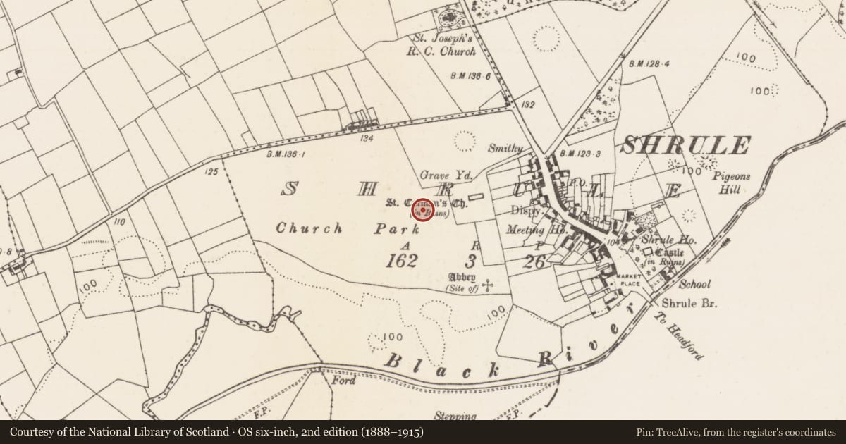 Ordnance Survey six-inch map, 2nd edition (1888–1915) covering the location of Earthwork, Shrule, County Mayo, with a pin at the register's coordinates