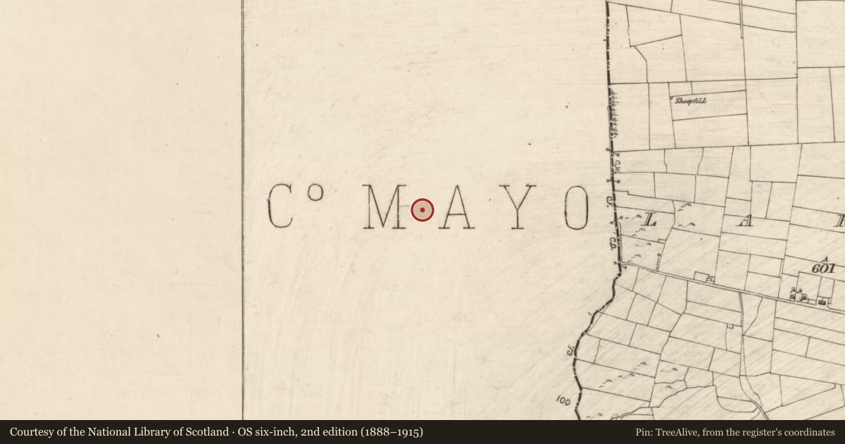 Ordnance Survey six-inch map, 2nd edition (1888–1915) covering the location of Fulacht fia, Cullagh, County Mayo, with a pin at the register's coordinates
