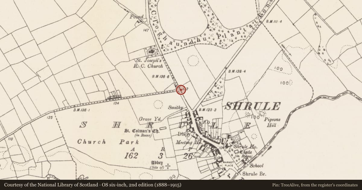 Ordnance Survey six-inch map, 2nd edition (1888–1915) covering the location of Battlefield, Shrule, County Mayo, with a pin at the register's coordinates