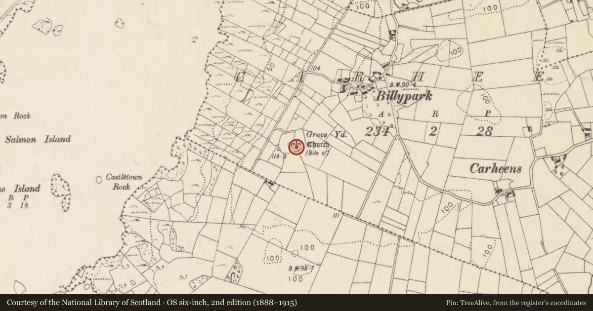 Ordnance Survey six-inch map, 2nd edition (1888–1915) covering the location of Church, Carheens, County Mayo, with a pin at the register's coordinates