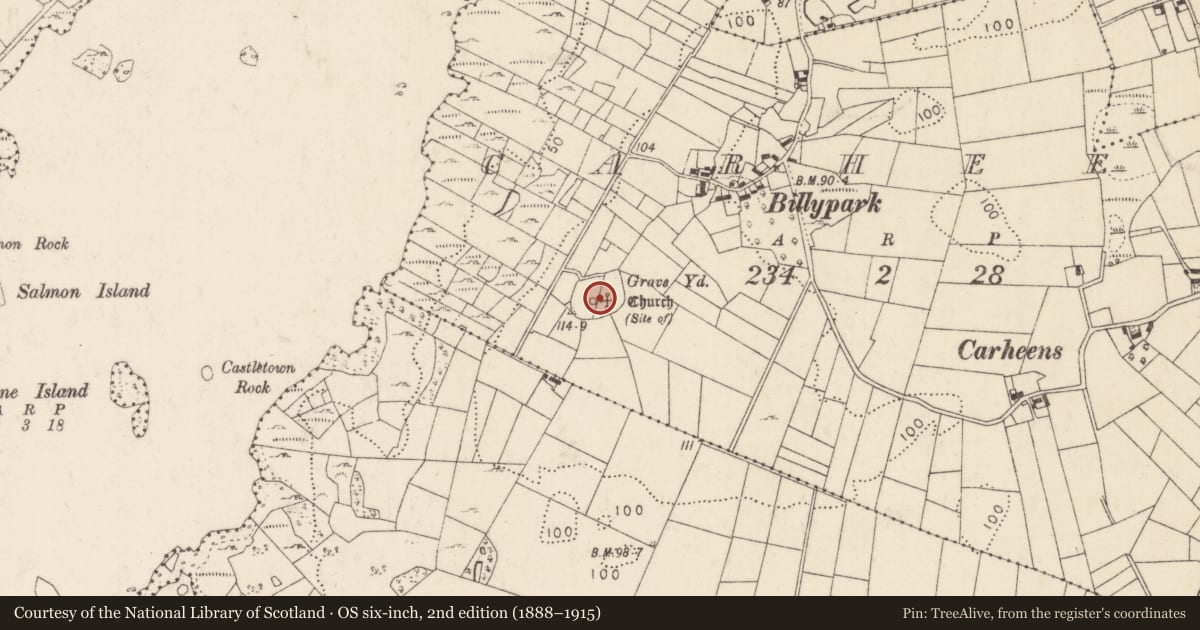 Ordnance Survey six-inch map, 2nd edition (1888–1915) covering the location of Enclosure, Carheens, County Mayo, with a pin at the register's coordinates