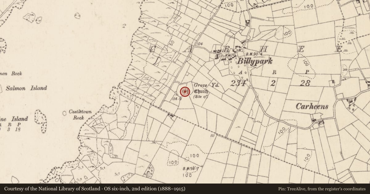 Ordnance Survey six-inch map, 2nd edition (1888–1915) covering the location of Tomb - unclassified, Carheens, County Mayo, with a pin at the register's coordinates