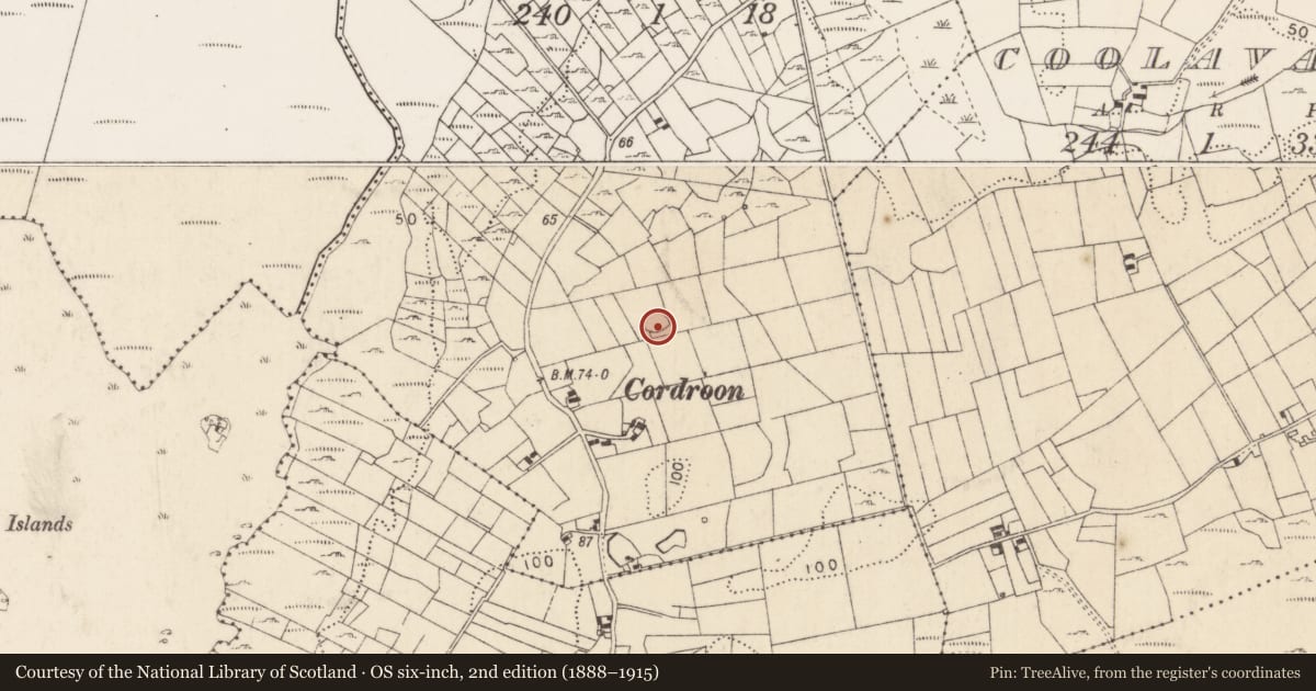 Ordnance Survey six-inch map, 2nd edition (1888–1915) covering the location of Ringfort - cashel, Cordroon, County Mayo, with a pin at the register's coordinates
