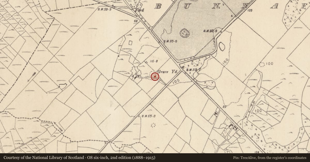 Ordnance Survey six-inch map, 2nd edition (1888–1915) covering the location of Children's burial ground, Bunnafollistran, County Mayo, with a pin at the register's coordinates