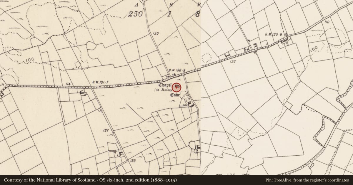 Ordnance Survey six-inch map, 2nd edition (1888–1915) covering the location of Chapel, Brodullagh South, County Mayo, with a pin at the register's coordinates