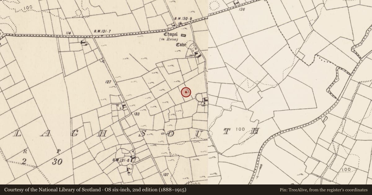 Ordnance Survey six-inch map, 2nd edition (1888–1915) covering the location of Earthwork, Brodullagh South, County Mayo, with a pin at the register's coordinates