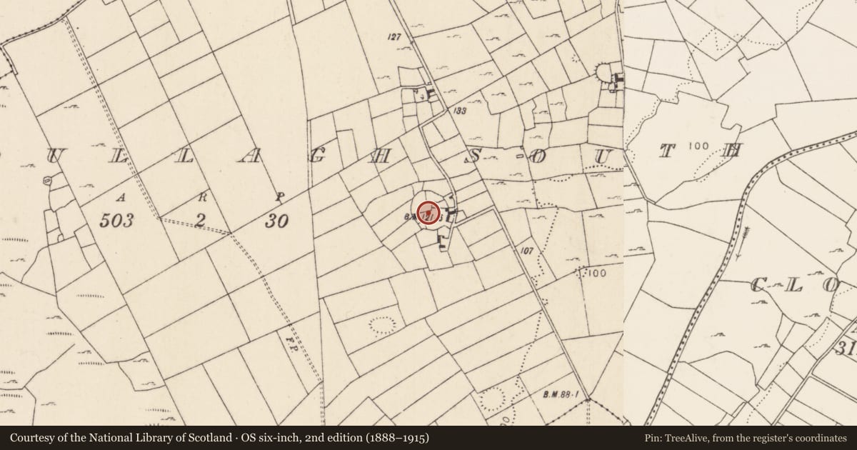 Ordnance Survey six-inch map, 2nd edition (1888–1915) covering the location of Enclosure, Brodullagh South, County Mayo, with a pin at the register's coordinates