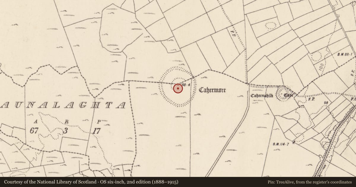 Ordnance Survey six-inch map, 2nd edition (1888–1915) covering the location of Hillfort, Brodullagh South, Kinlough, County Mayo, with a pin at the register's coordinates