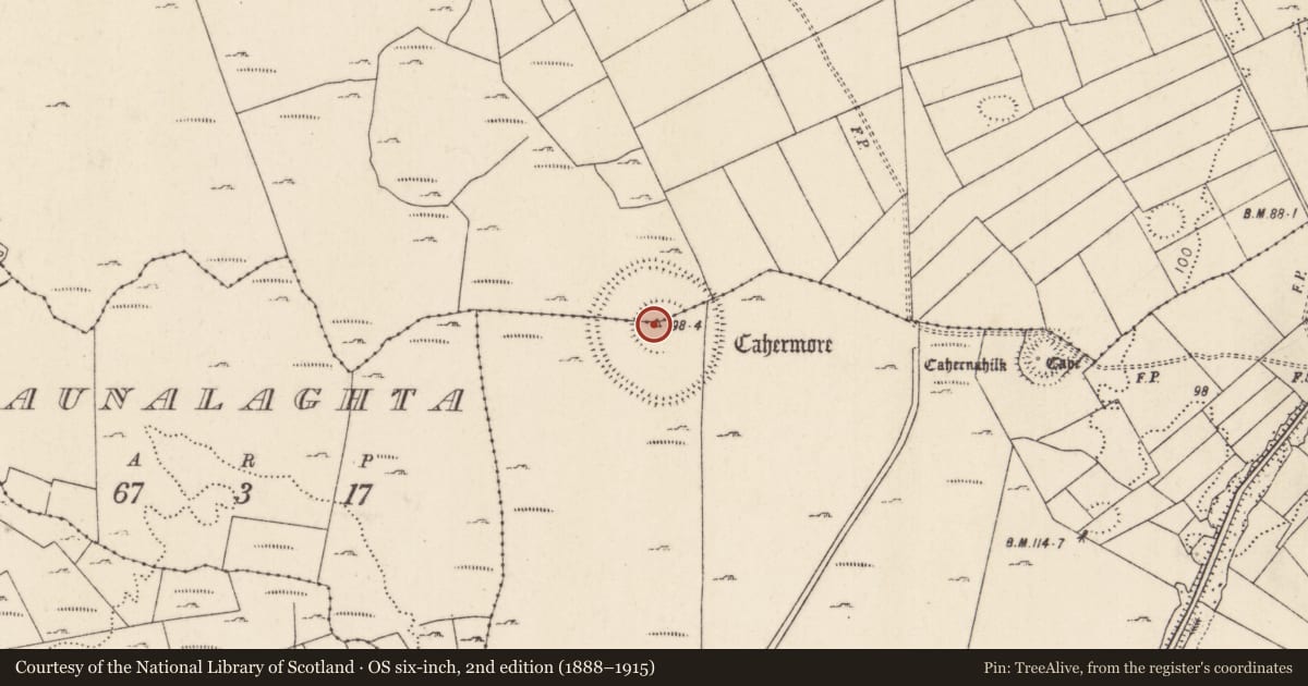 Ordnance Survey six-inch map, 2nd edition (1888–1915) covering the location of Hut site, Kinlough, County Mayo, with a pin at the register's coordinates