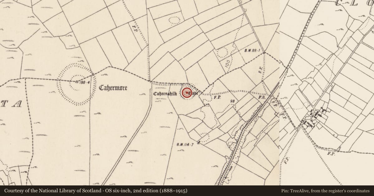 Ordnance Survey six-inch map, 2nd edition (1888–1915) covering the location of Ringfort - cashel, Kinlough, County Mayo, with a pin at the register's coordinates