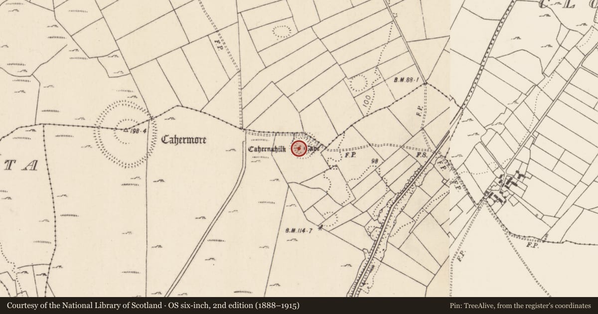 Ordnance Survey six-inch map, 2nd edition (1888–1915) covering the location of Souterrain, Kinlough, County Mayo, with a pin at the register's coordinates