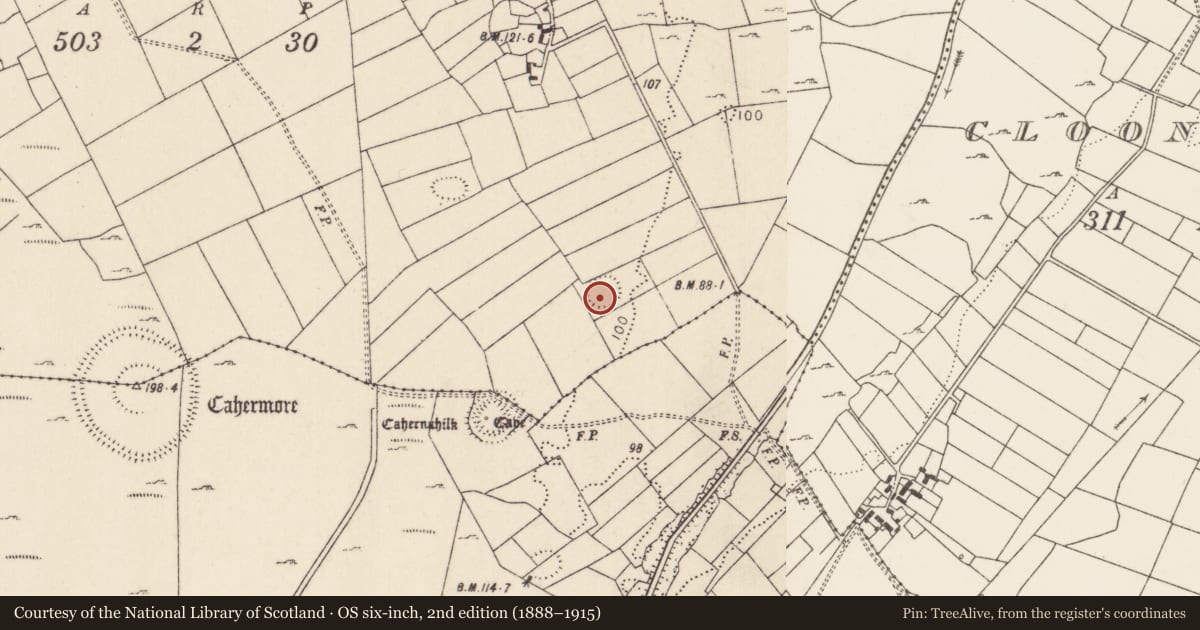 Ordnance Survey six-inch map, 2nd edition (1888–1915) covering the location of Ringfort - cashel, Brodullagh South, County Mayo, with a pin at the register's coordinates