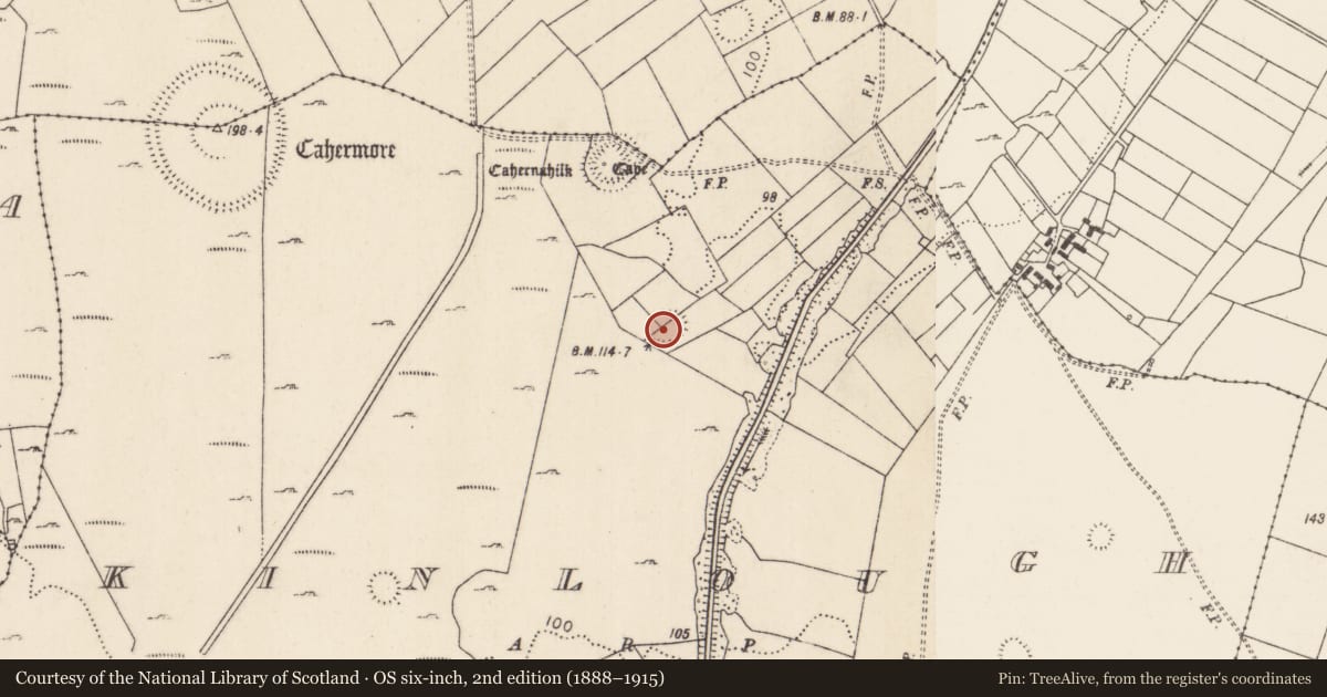 Ordnance Survey six-inch map, 2nd edition (1888–1915) covering the location of Enclosure, Kinlough, County Mayo, with a pin at the register's coordinates