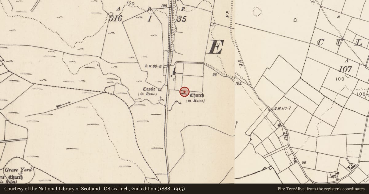 Ordnance Survey six-inch map, 2nd edition (1888–1915) covering the location of Church, Kinlough, County Mayo, with a pin at the register's coordinates