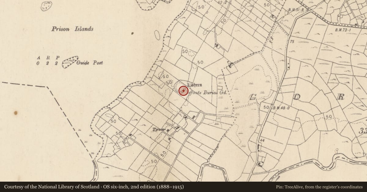 Ordnance Survey six-inch map, 2nd edition (1888–1915) covering the location of Children's burial ground, Ballycurrin Demesne, County Mayo, with a pin at the register's coordinates